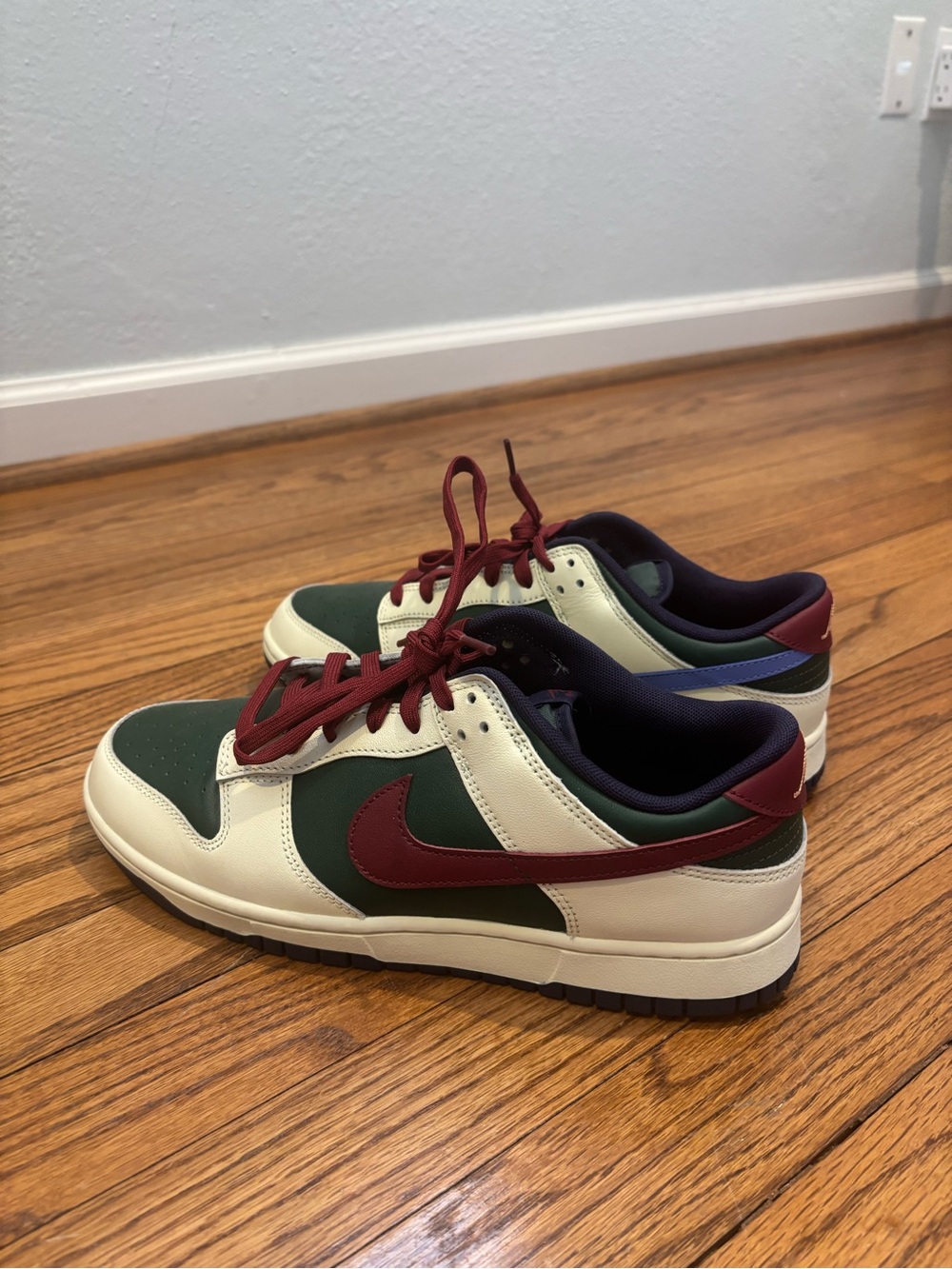 Nike Dunk Low-Top Sneakers in Green, Burgundy & Cream